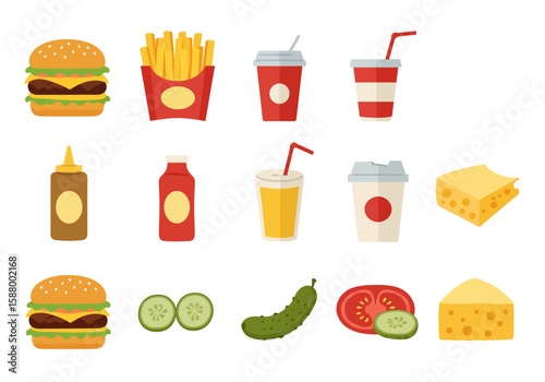 Assorted fastfood icons include burgers fries drinks sauces pickles tomatoes and cheese