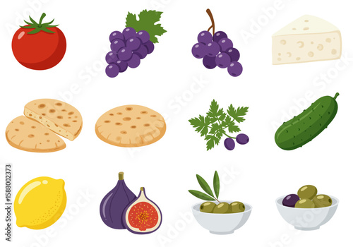 Assorted food items tomato grapes cheese pita bread cucumber lemon figs and olives in bowls
