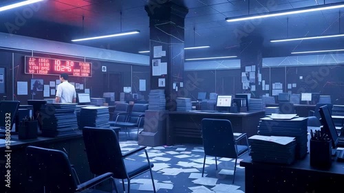 A busy office environment at night with scattered papers and a worker organizing documents