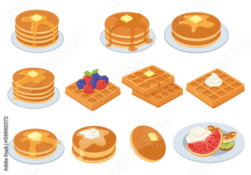 Assorted pancakes and waffles with toppings like syrup butter berries and fruit