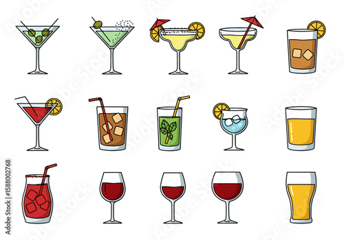 Assortment of 15 cartoonstyle alcoholic beverages
