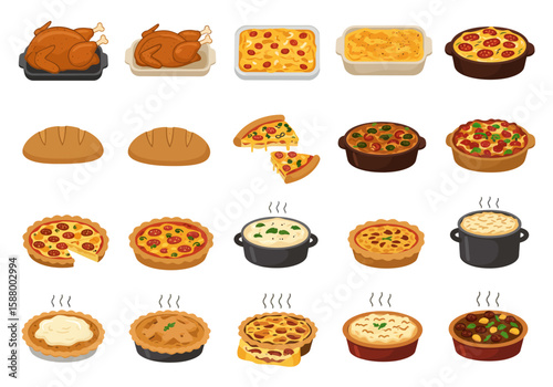 Assortment of 20 cartoonstyle food dishes including roasts casseroles bread pizza soups  pies