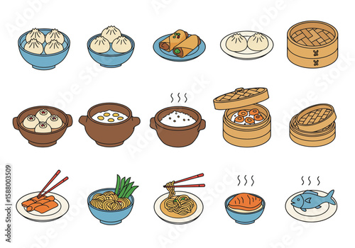Cartoon assortment Bowls  dishes offer dim sum noodles  more cuisine