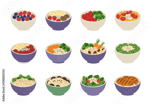 Bowls of oatmeal or grain topped with various fruits vegetables and proteins set against a white background