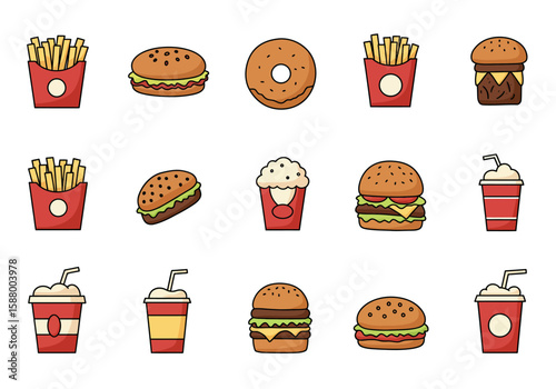 Cartoon fast food icons French fries burger donut drink and popcorn
