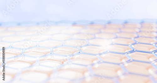 3d epidermis skin surface with blue water hexagon pattern. Dermatological cosmetic science and tech background with honeycomb cell texture, liquid gel serum, retinol or hyaluron acid. 3D illustration