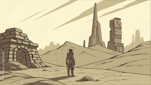 Explore desert landscape art illustration of ancient ruins and lone traveler in fantasy world drawing design