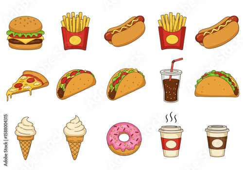 Cartoon illustration of fast food items burger fries hot dog pizza tacos soda ice cream donut coffee