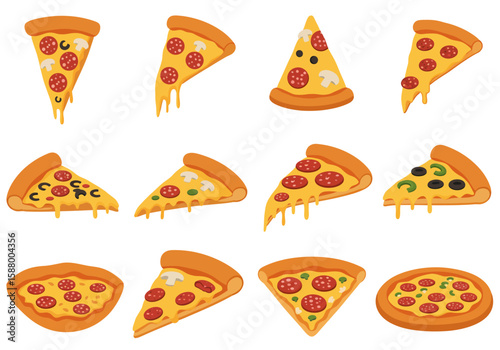 Cartoon illustration of twelve pizza slices with various toppings on a white background