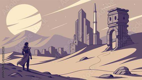 Illustration of desert landscape with futuristic city ruins and lone traveler art design concept