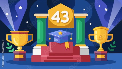 Podium scene with trophy cap and diploma on – Graduation Vector Illustration