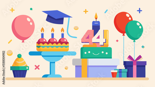 Party table setup with balloons cap diploma – Graduation Vector Illustration