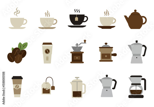 Coffee and tea icon collection cups pots beans grinders makers and tea bag arranged in three rows
