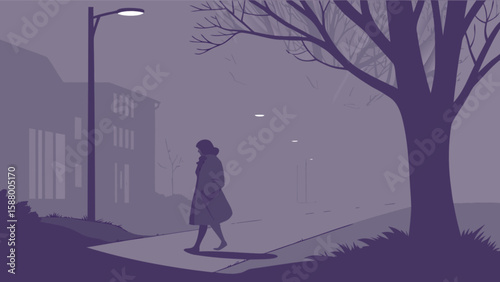 Atmospheric misty night walk illustration with street lights and a person silhouette in purple hues