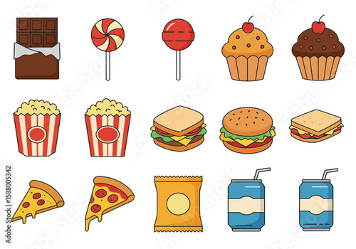 Collection of cartoonstyle unhealthy food and drink items