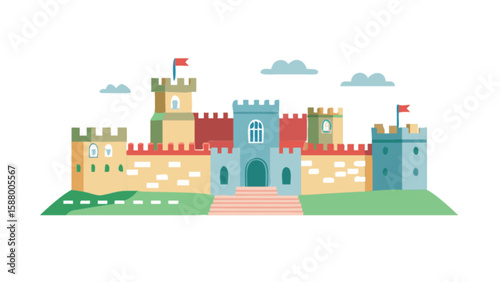 Cartoon castle vector illustration for kids fairytale kingdom medieval fortress with towers and flags