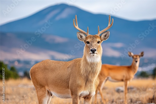 A majestic deer stands in a scenic landscape with mountains.