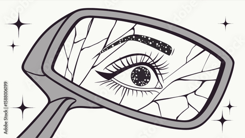 Broken mirror reflection of eye with makeup art illustration and star sparkles design concept drawing