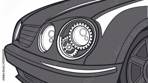 Car headlight with gears illustration for auto repair and car enthusiasts looking for automotive art design