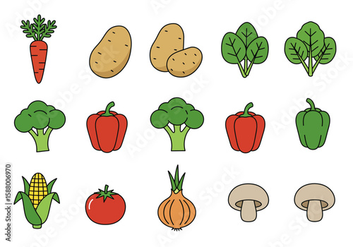 Fifteen illustrated vegetables carrot potatoes spinach broccoli peppers corn tomato onion mushrooms