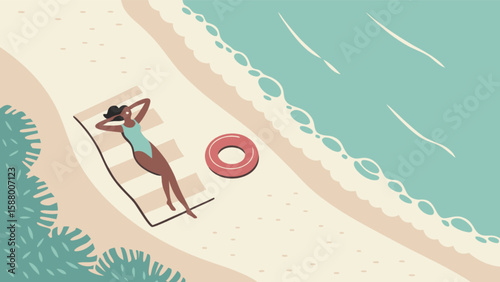 Woman tanning on beach summer vacation travel destination relaxation seaside resort holiday sunbathing getaway