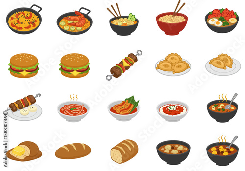 Food icons arrayed paella noodle bowls burgers skewered meat dumplings and bowls of soupsstews assorted breads