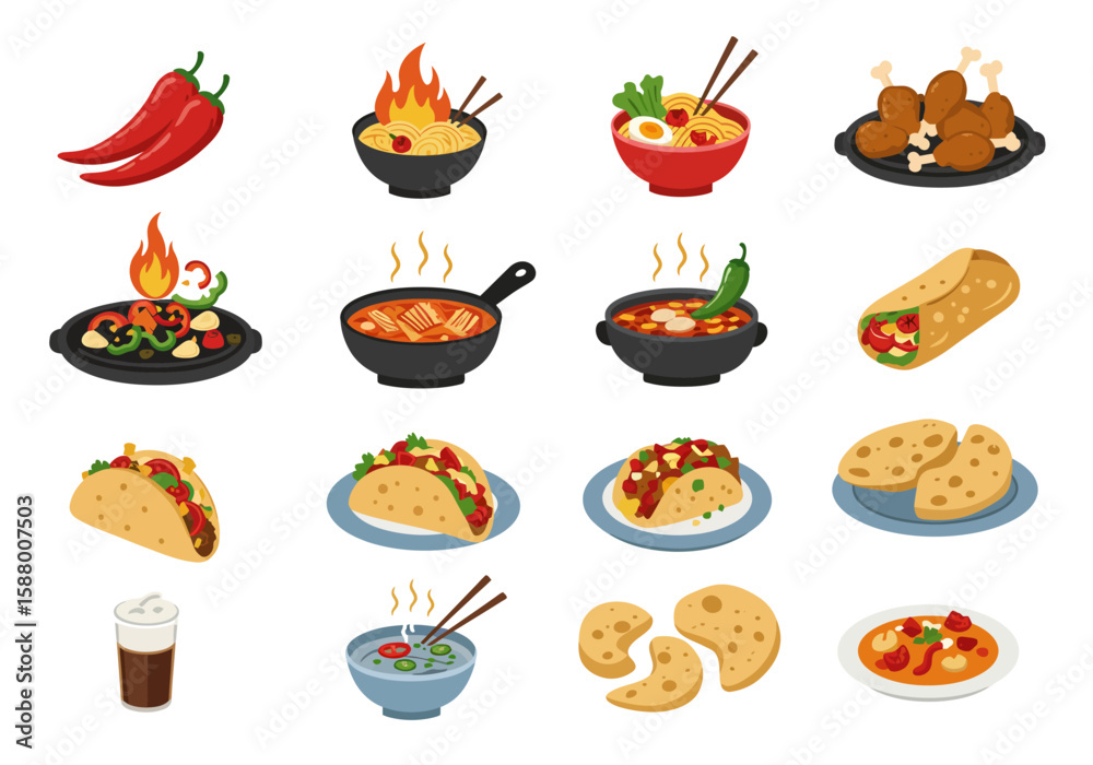 Food icons display diverse dishes peppers ramen chicken soup tacos tortillas and chili Food icons display diverse dishes peppers ramen chicken soup tacos tortillas and chili