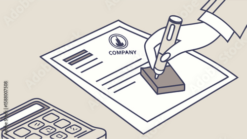 Signing company contract agreement with pen on document for business deal and calculator illustration