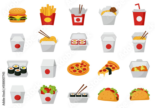 Food icons show burger fries sushi pizza tacos noodles salad  drinks delivery style