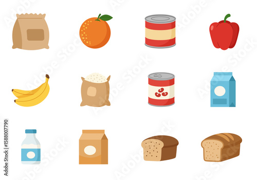 Food icons show paper bag oranges canned goods peppers bananas rice bag milk bread bottles and boxes