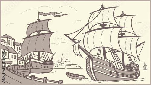 Sailing ship illustration vintage nautical scene with tall ships and coastal town for travel and history buffs