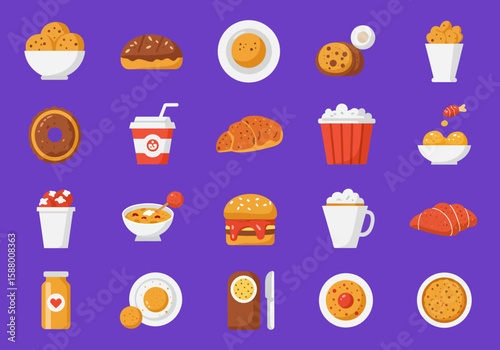 Foodthemed icons are arranged in a grid layout against a purple background