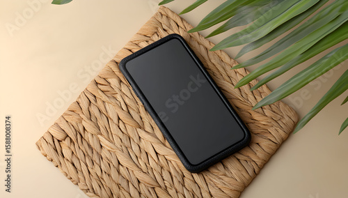 Smartphone on woven mat with palm leaf