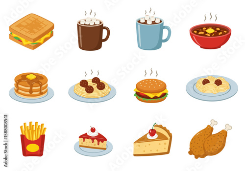 Graphic of diverse food items including sandwich soup burger dessert and spaghetti displayed on a white background