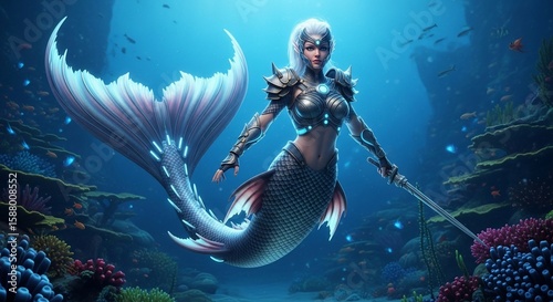 Armored Mermaid Warrior with Sword in Deep Blue Coral Reef Environment