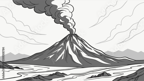 Volcano eruption drawing illustration of mountain landscape with smoke and ash vector artwork design