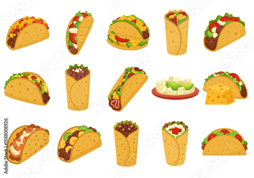 Illustration shows various tacos burritos  a plate of food
