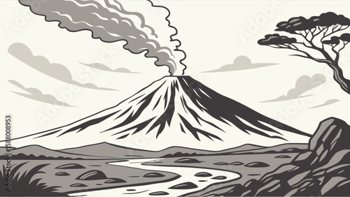 Explore volcano landscape illustration with river, tree, and smoke for educational resources and designs