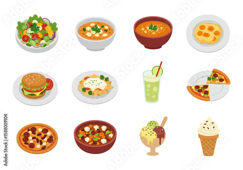 Isometric food icons on white backdrop salads soups burger pasta drink pizza ice cream