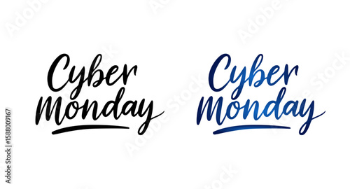 "Cyber Monday" hand lettered typography, isolated vector image on transparent background, two design variants in black color and blue gradinet