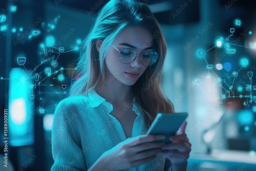 Naklejka premium Stylish young woman in office using smartphone, social network visualizations around her
