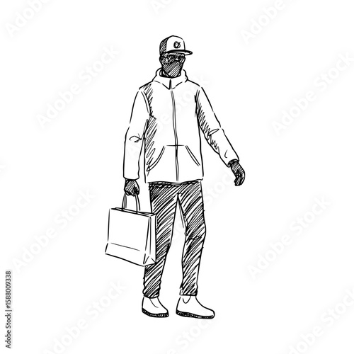 Man walking with a shoping bag wearing a cap, medical mask and casual attire, isolated vector image on transparent background  
