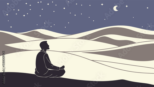 Meditation mindfulness under starry night sky in desert landscape for relaxation and inner peace design