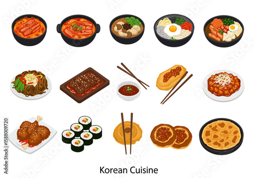 Isometric view of Korean cuisine featuring various dishes