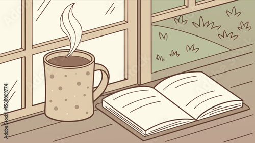 Cozy morning scene with coffee cup and open book near window illustration for relaxation and reading time