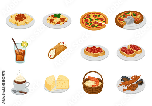 Italian food icons showcase pasta pizza drinks desserts seafood and cheese on white plates