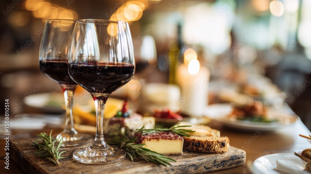 Two glasses of red wine and a cheese platter with herbs are set on a wooden board in a warmly lit dining setting Two glasses of red wine and a cheese platter with herbs are set on a wooden board in a warmly lit dining setting