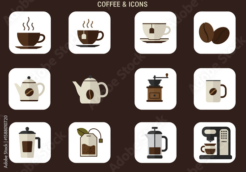 Set of coffee icons featuring cups beans pots grinders tea bags and a coffee machine