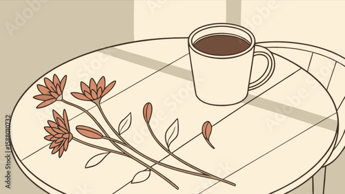 Still life coffee cup and flower arrangement on round table in soft light aesthetic illustration art 100