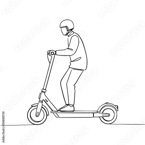 Person riding electric scooter in line drawing, isolated vector image on transparent background  